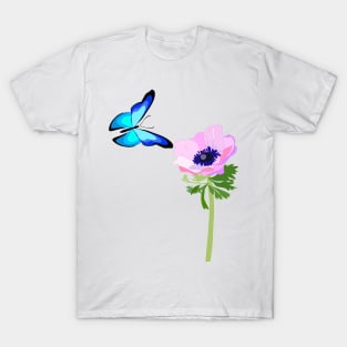 Blue butterfly and pink anemone flower T-Shirt